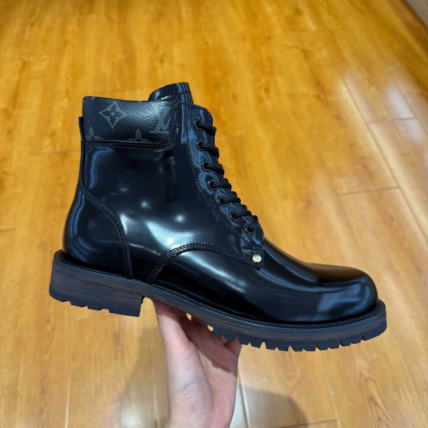 BLACK LEATHER MONOGRAM LACE-UP BOOTS