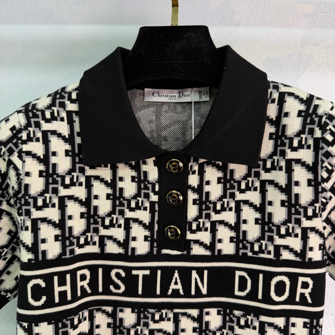 BLACK & WHITE MONOGRAM KNIT POLO TOP