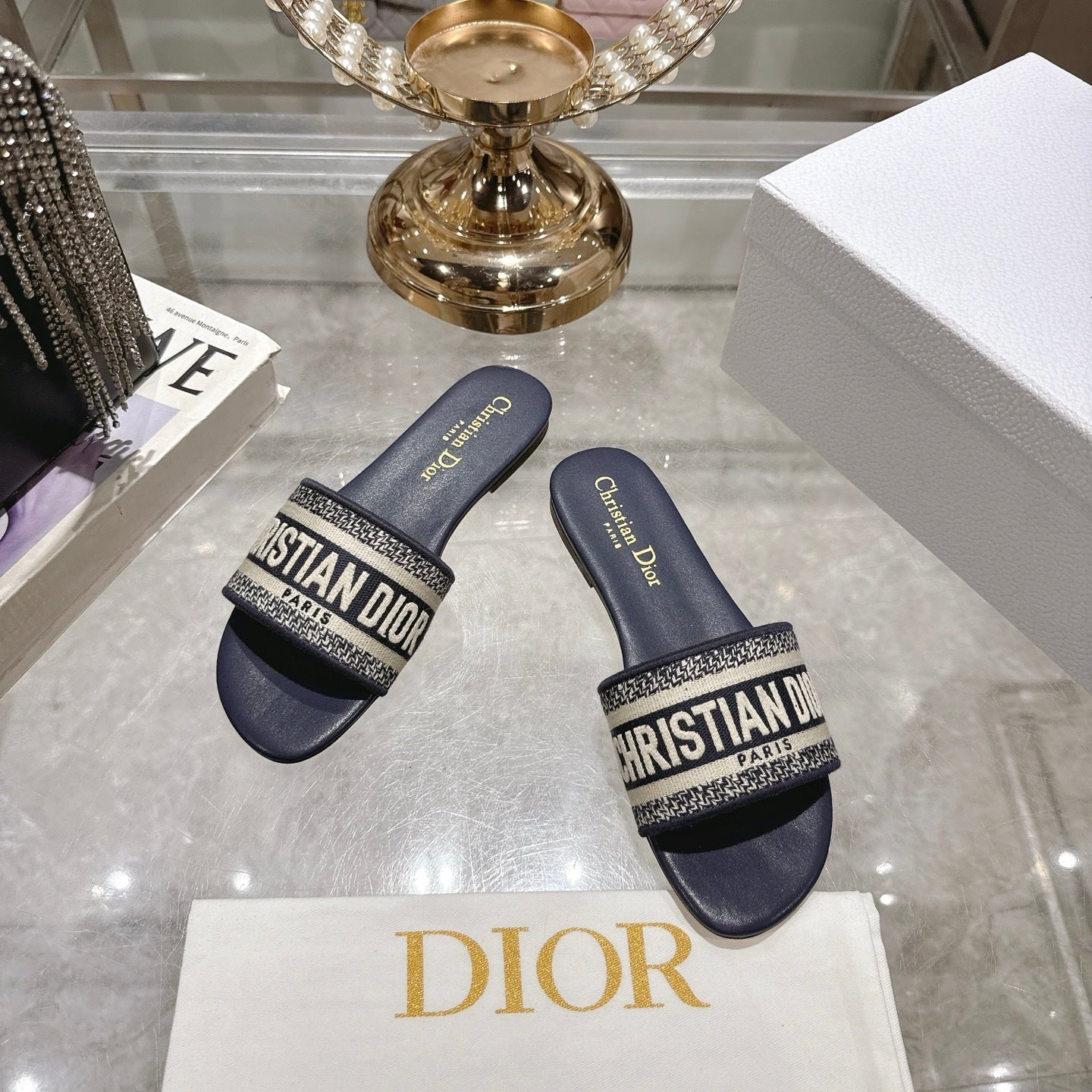 LOGO JACQUARD FLAT SLIDES – NAVY