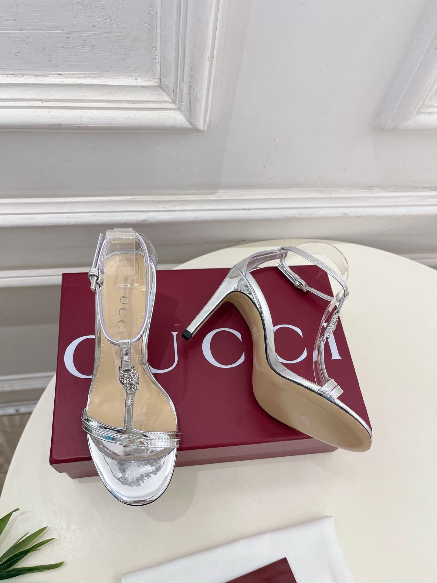 SILVER TRANSPARENT STRAPPY HEEL SANDALS