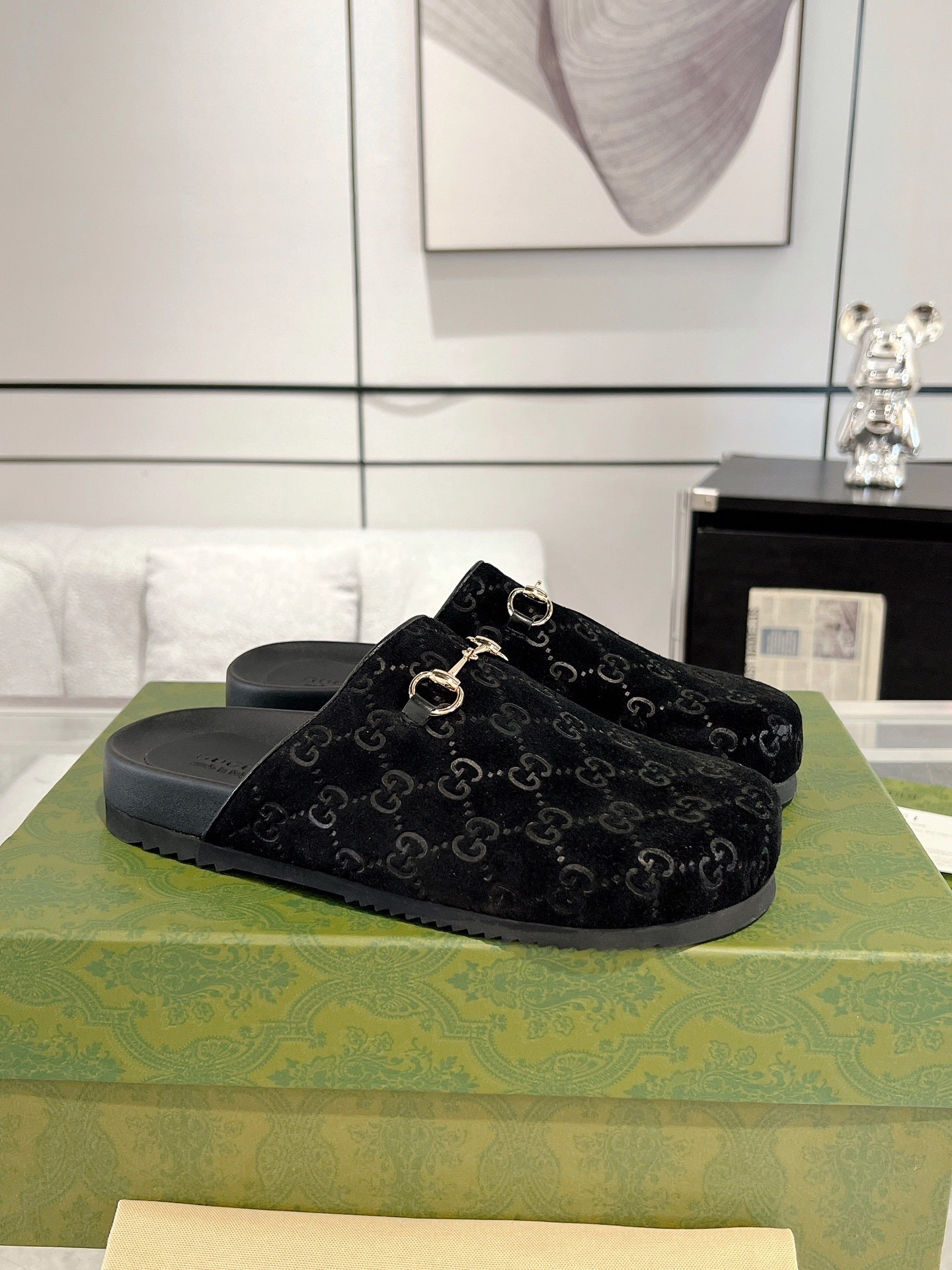 BLACK EMBOSSED MULE SLIDES