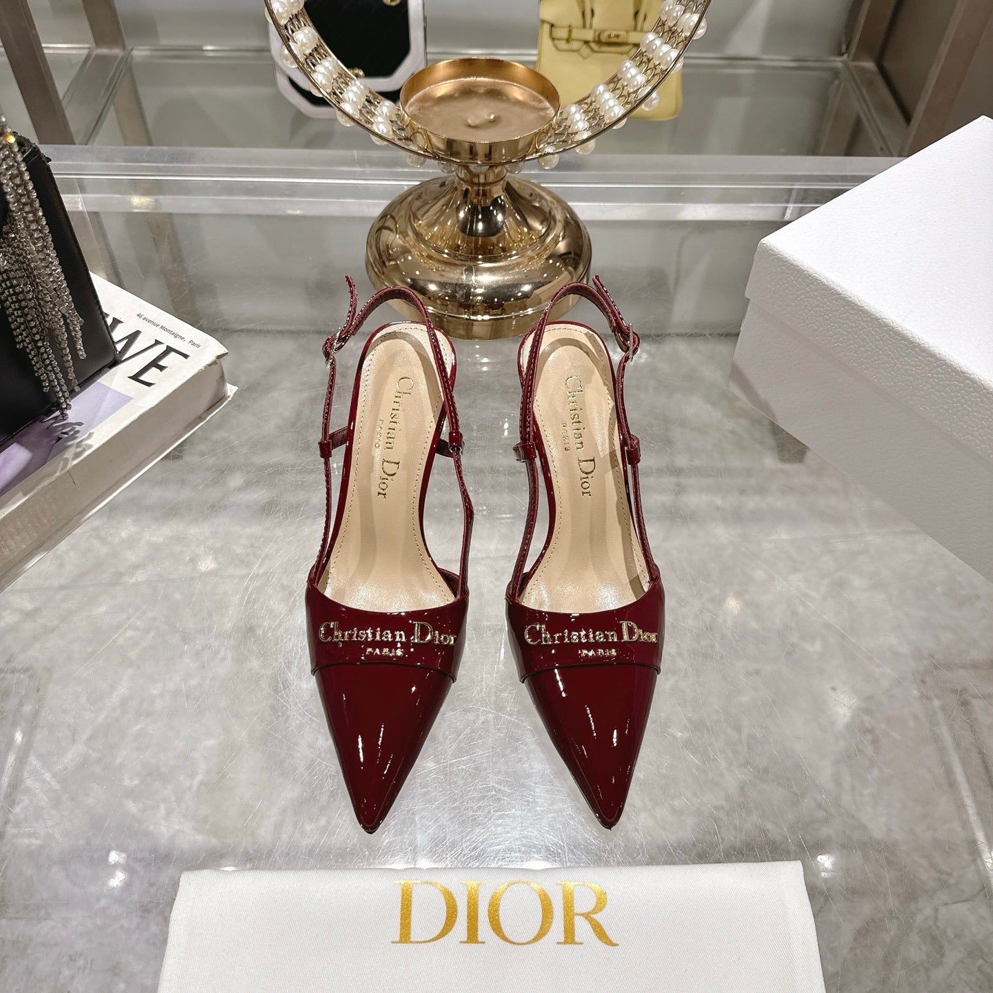 PATENT SLINGBACK KITTEN HEELS – BURGUNDY