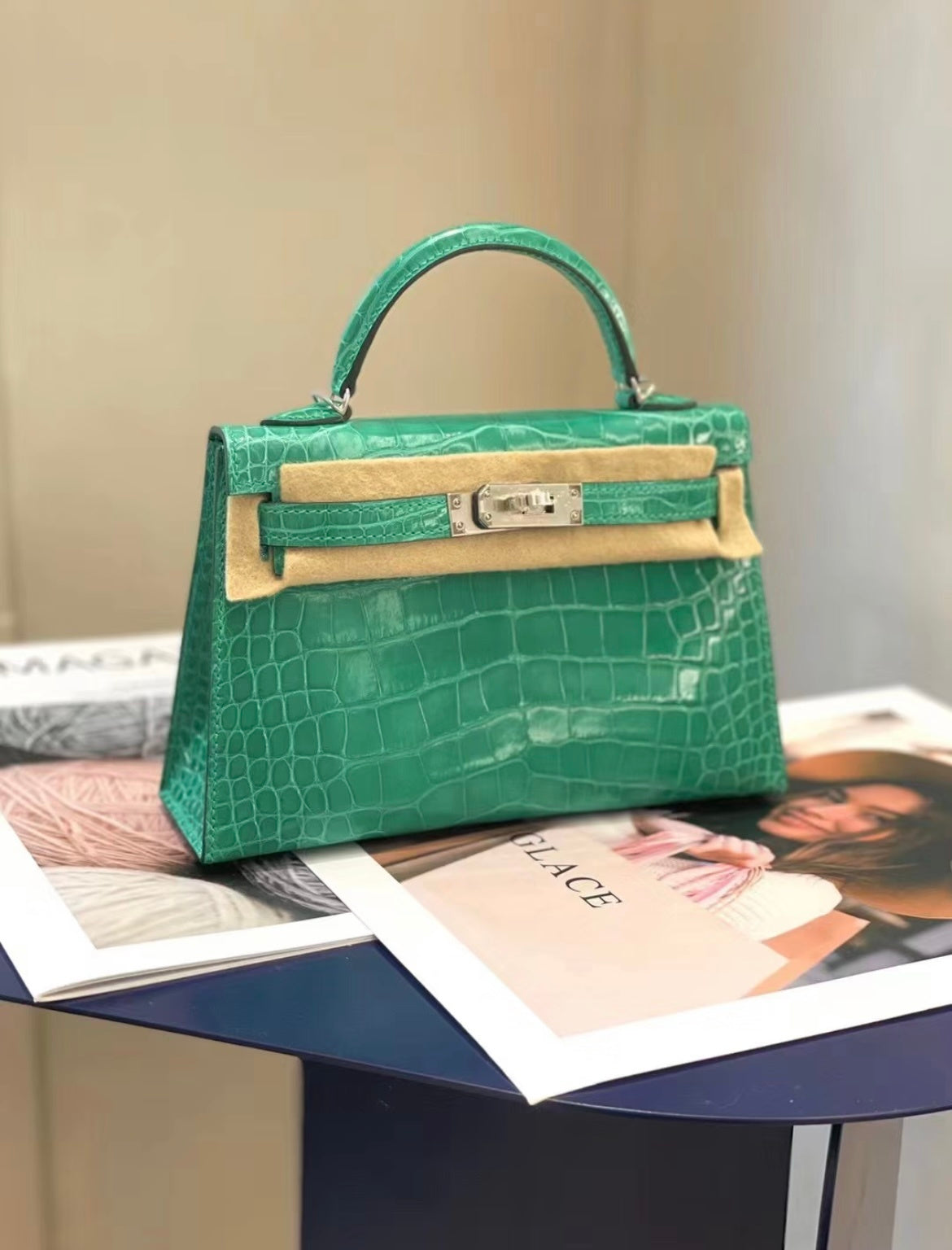 EMERALD GREEN CROCODILE EMBOSSED MINI TOP HANDLE EVENING BAG WITH GOLD HARDWARE