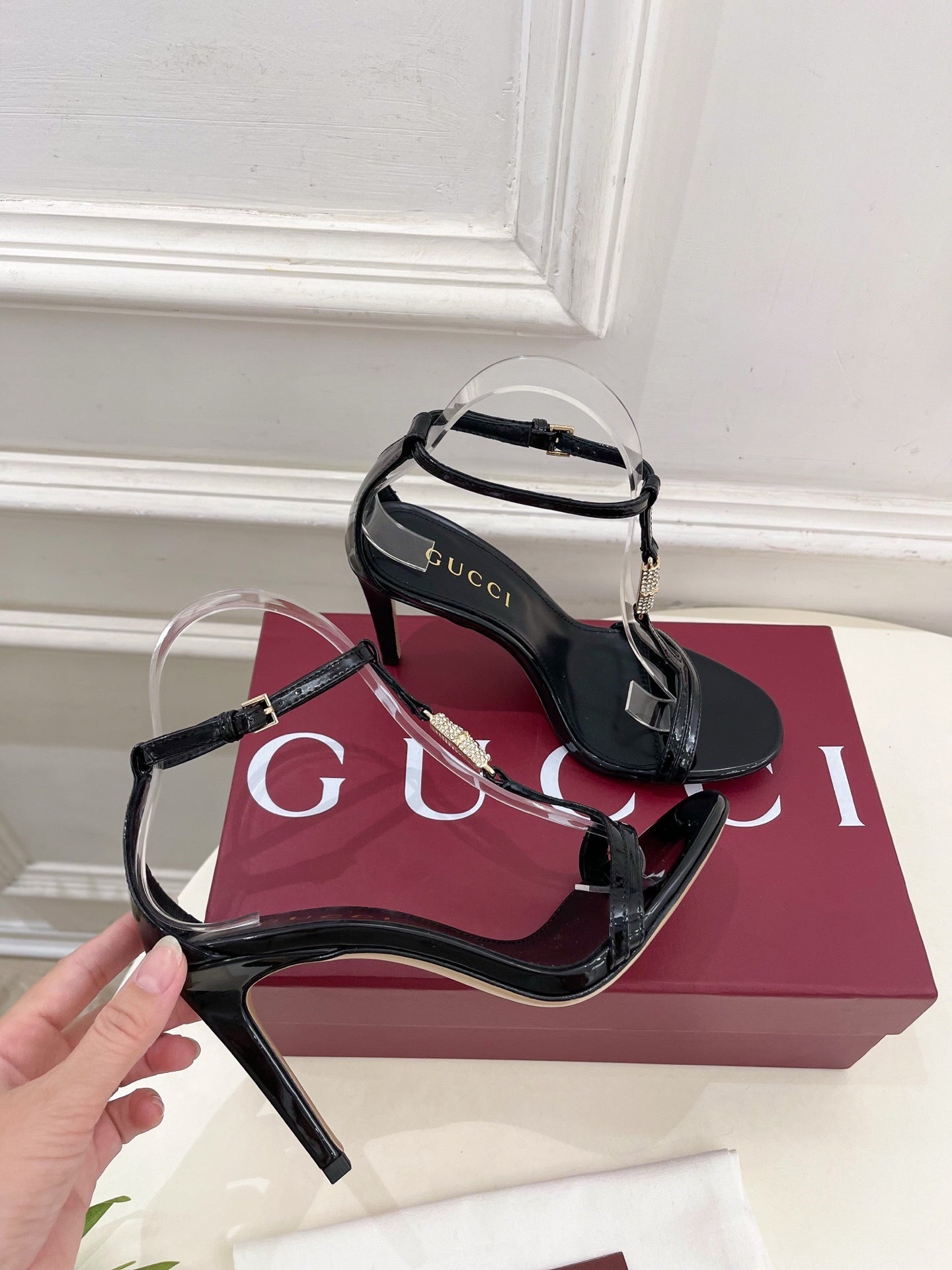 BLACK TRANSPARENT STRAPPY HEEL SANDALS