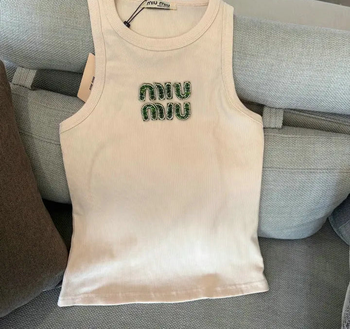 EMBELLISHED LOGO RIBBED TANK TOP
