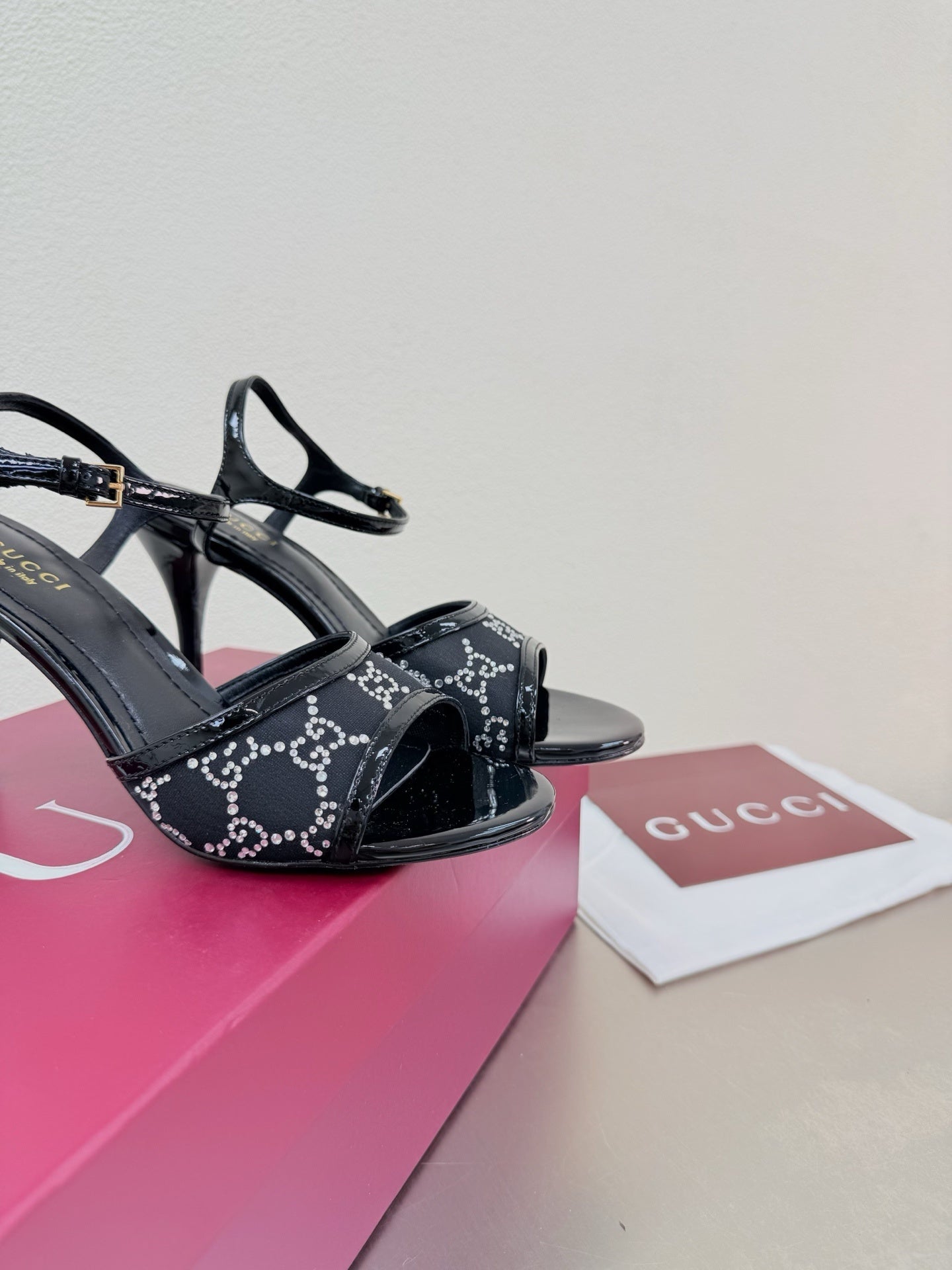 BLACK EMBELLISHED STRAPPY HEEL SANDALS