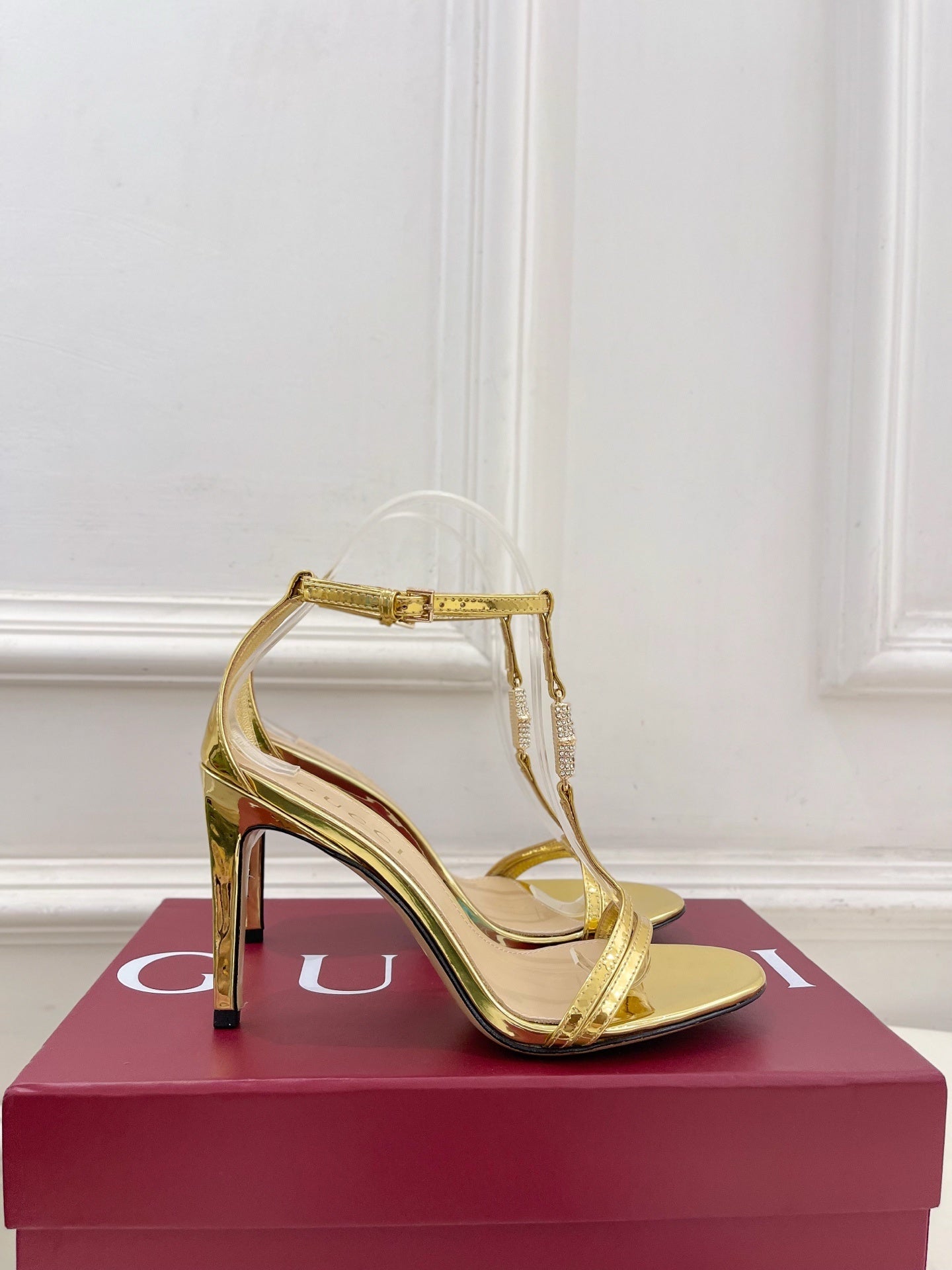 GOLD TRANSPARENT STRAPPY HEEL SANDALS