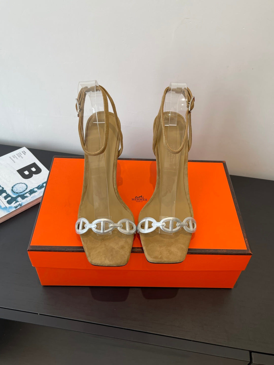 CAMEL SUEDE ANKLE STRAP HIGH HEEL SANDALS