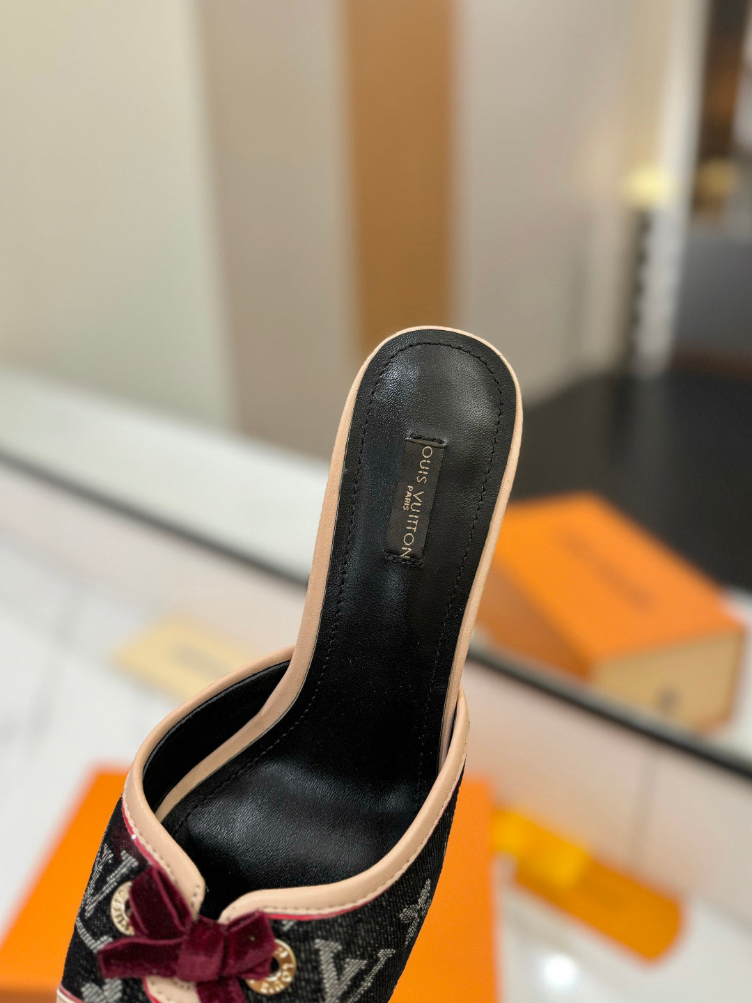 BLACK MONOGRAM DENIM MULE SANDALS WITH VELVET BOW