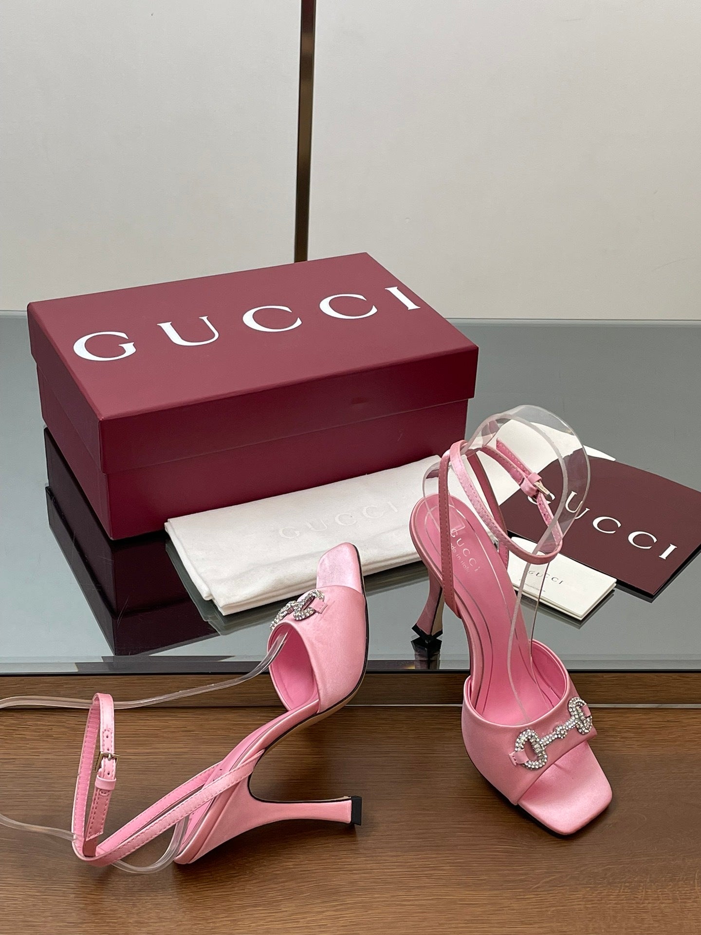 PINK CRYSTAL HORSEBIT STRAPPY HEEL SANDALS