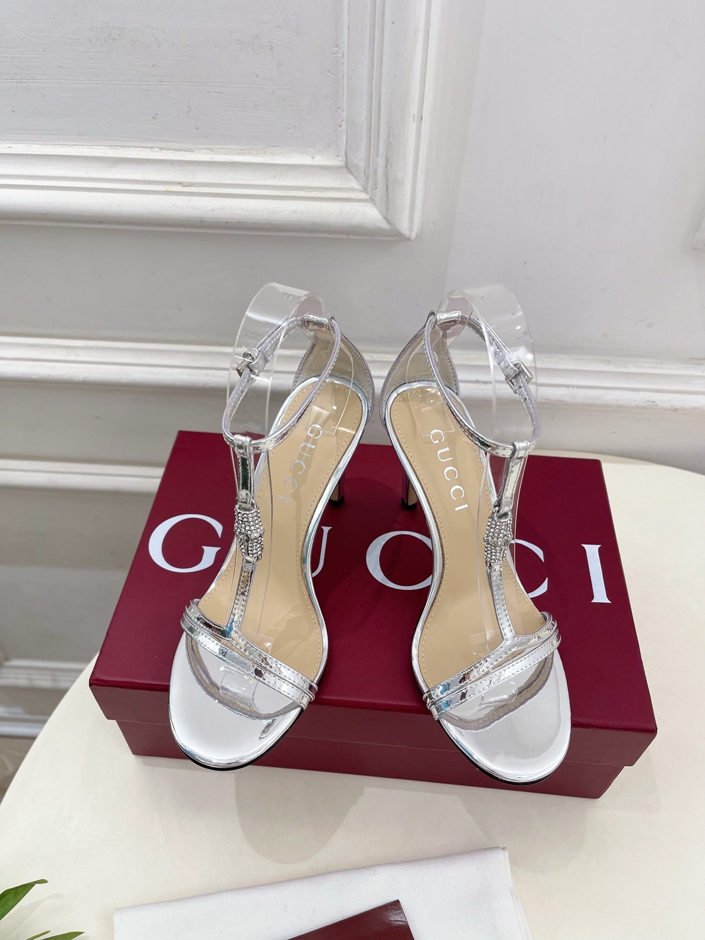 SILVER TRANSPARENT STRAPPY HEEL SANDALS