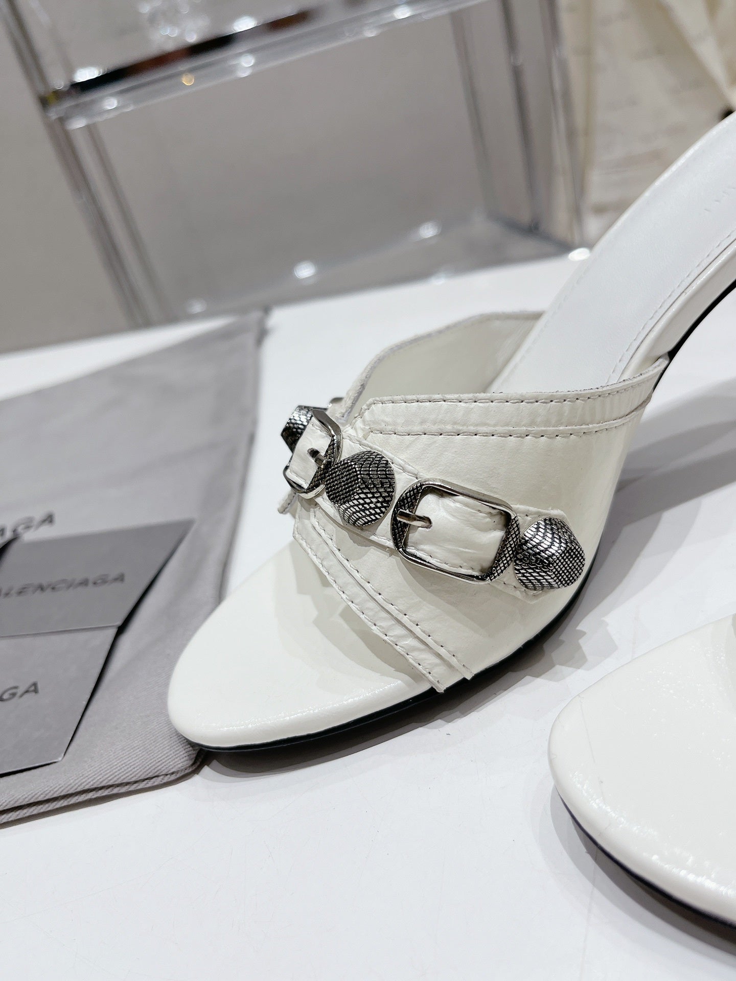 WHITE EMBELLISHED MID HEEL MULE SANDALS