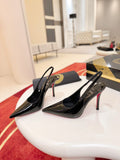 BLACK PATENT SLINGBACK POINTED HEELS
