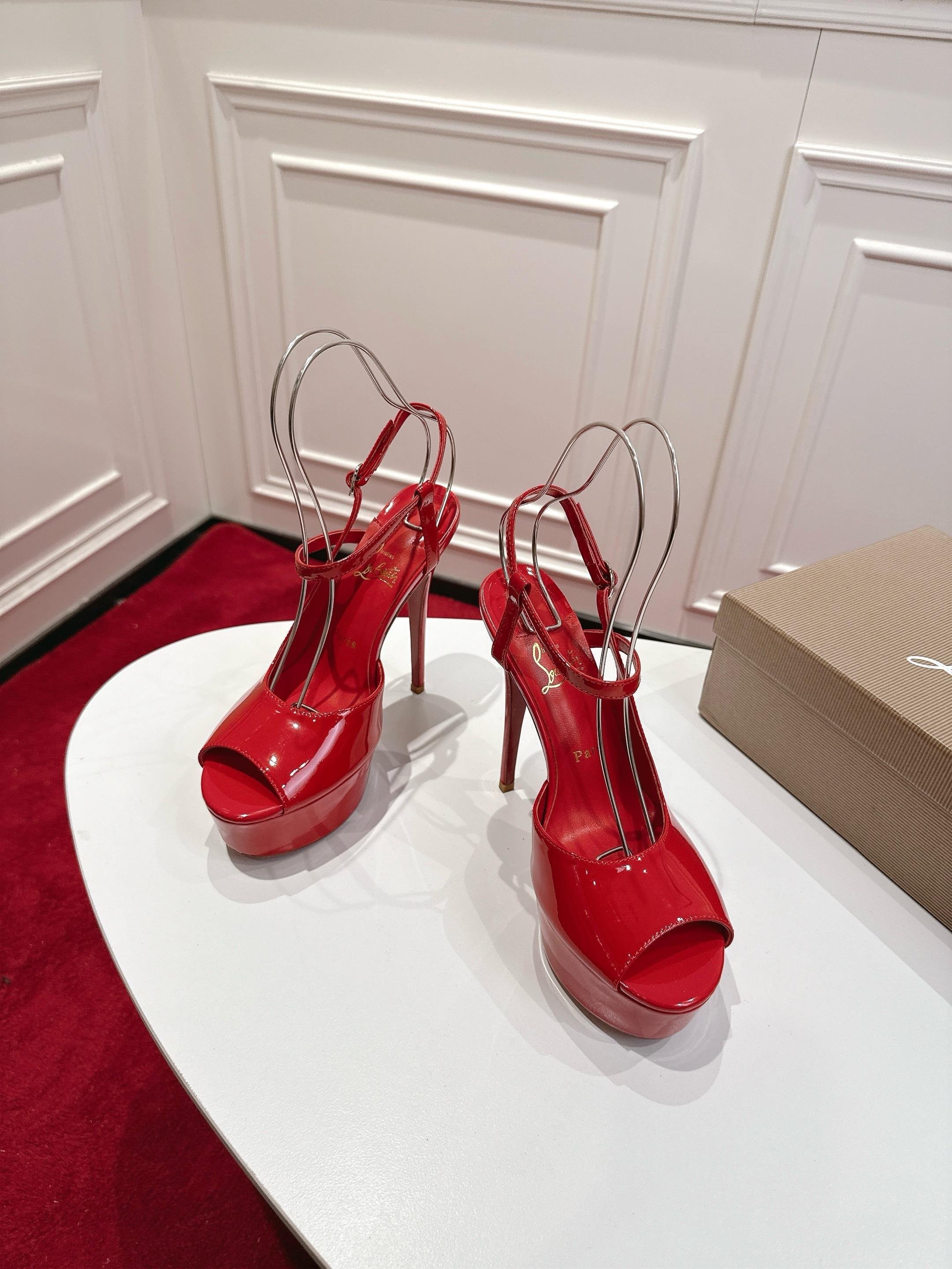 RED PATENT PLATFORM PEEP-TOE ANKLE STRAP HEELS