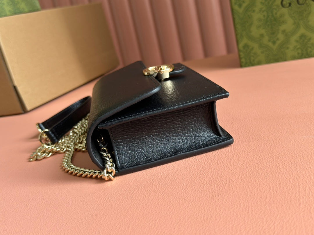 BLACK LEATHER CHAIN WALLET CROSSBODY BAG
