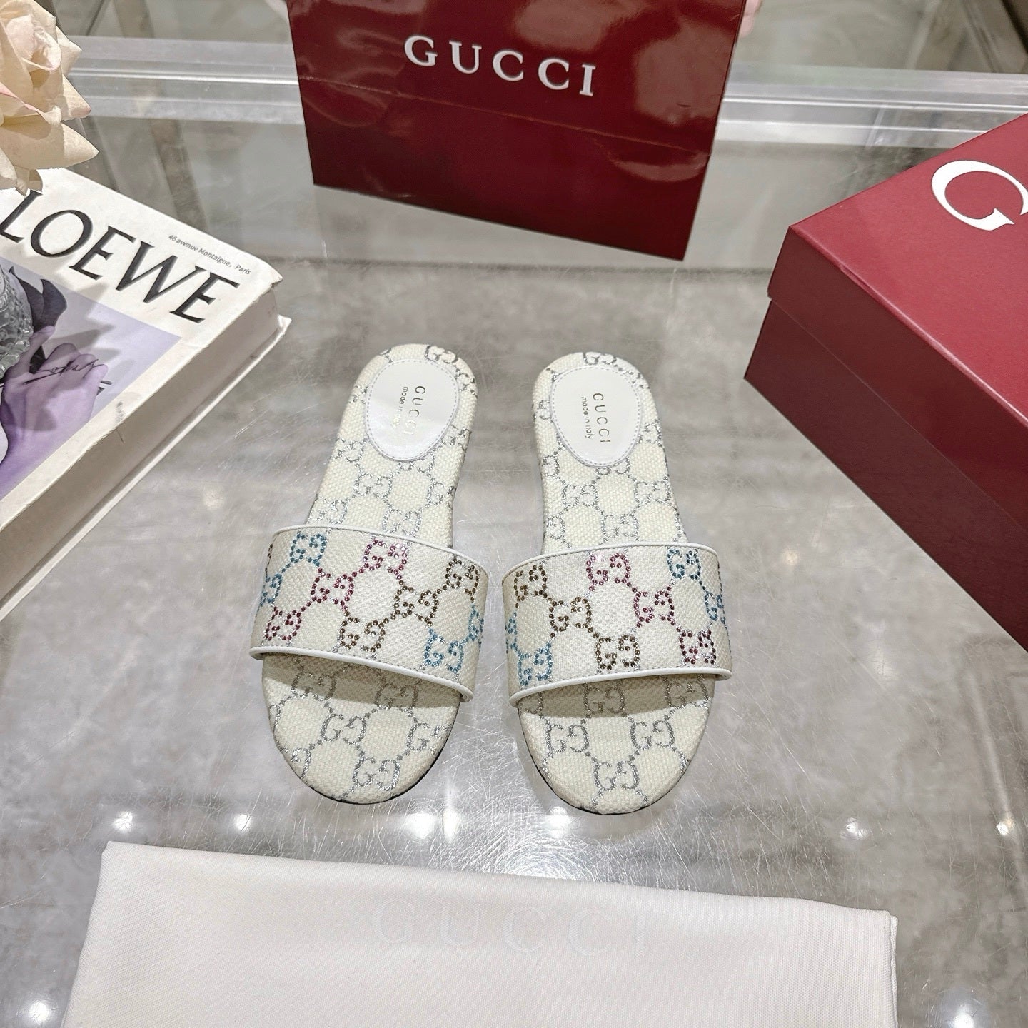 WHITE MULTICOLOR PATTERN SLIDE SANDALS