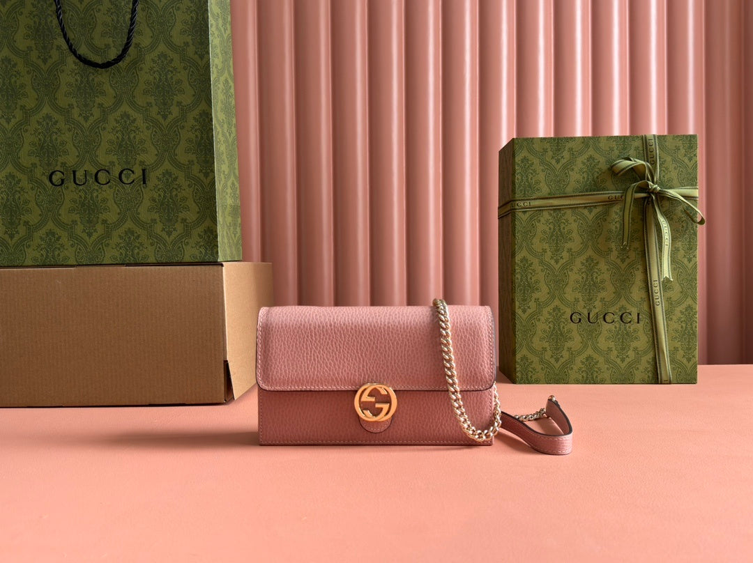 BLUSH PINK LEATHER CHAIN WALLET CROSSBODY BAG