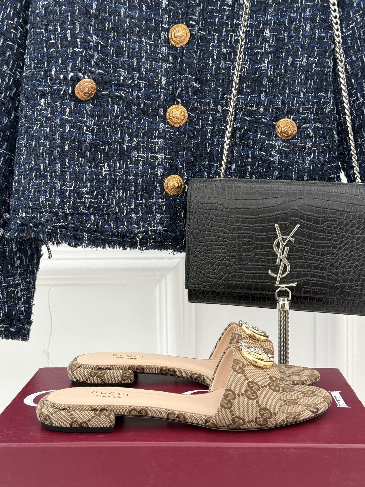 BEIGE MONOGRAM LOW HEEL SLIDES