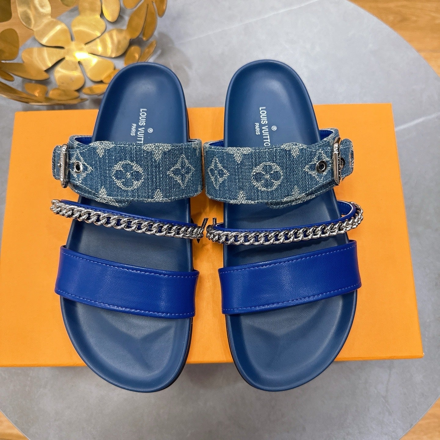BLUE MULTI-STRAP CHAIN DETAIL SLIDE SANDALS
