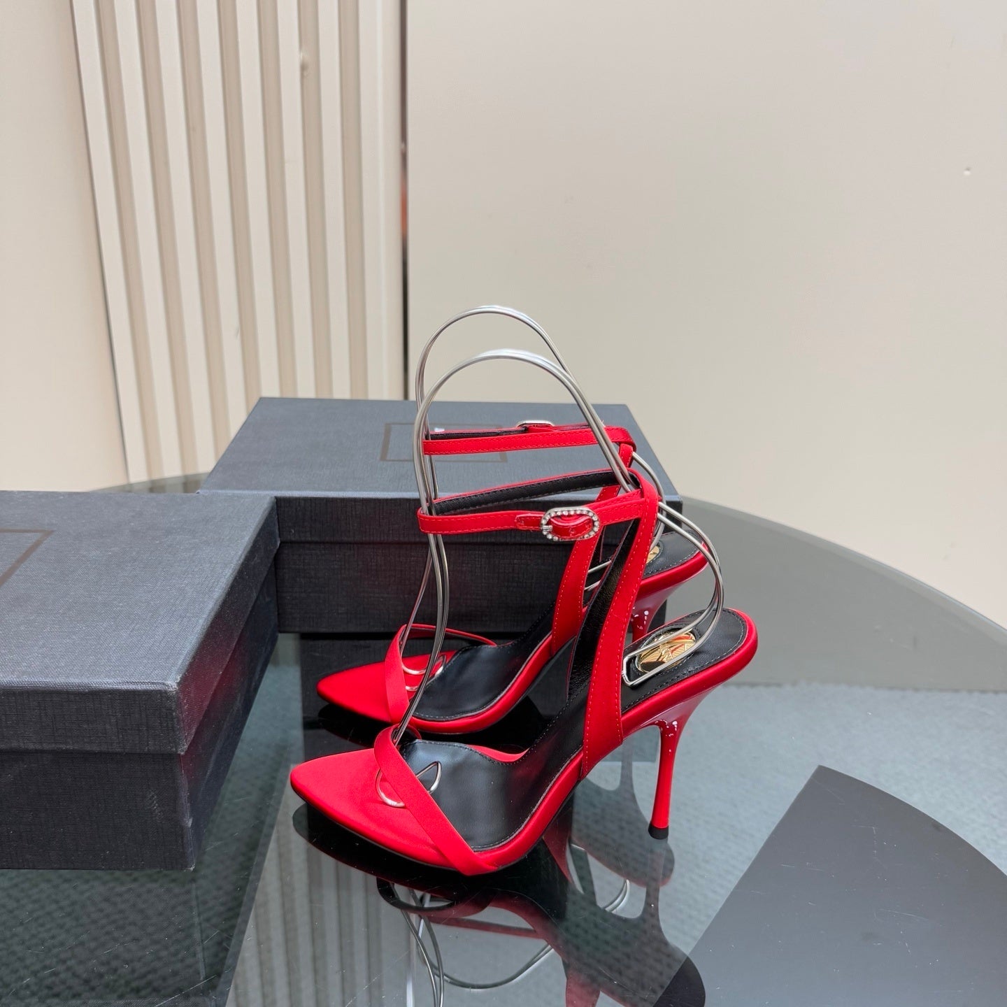 RED T-STRAP STILETTO HEEL SANDALS