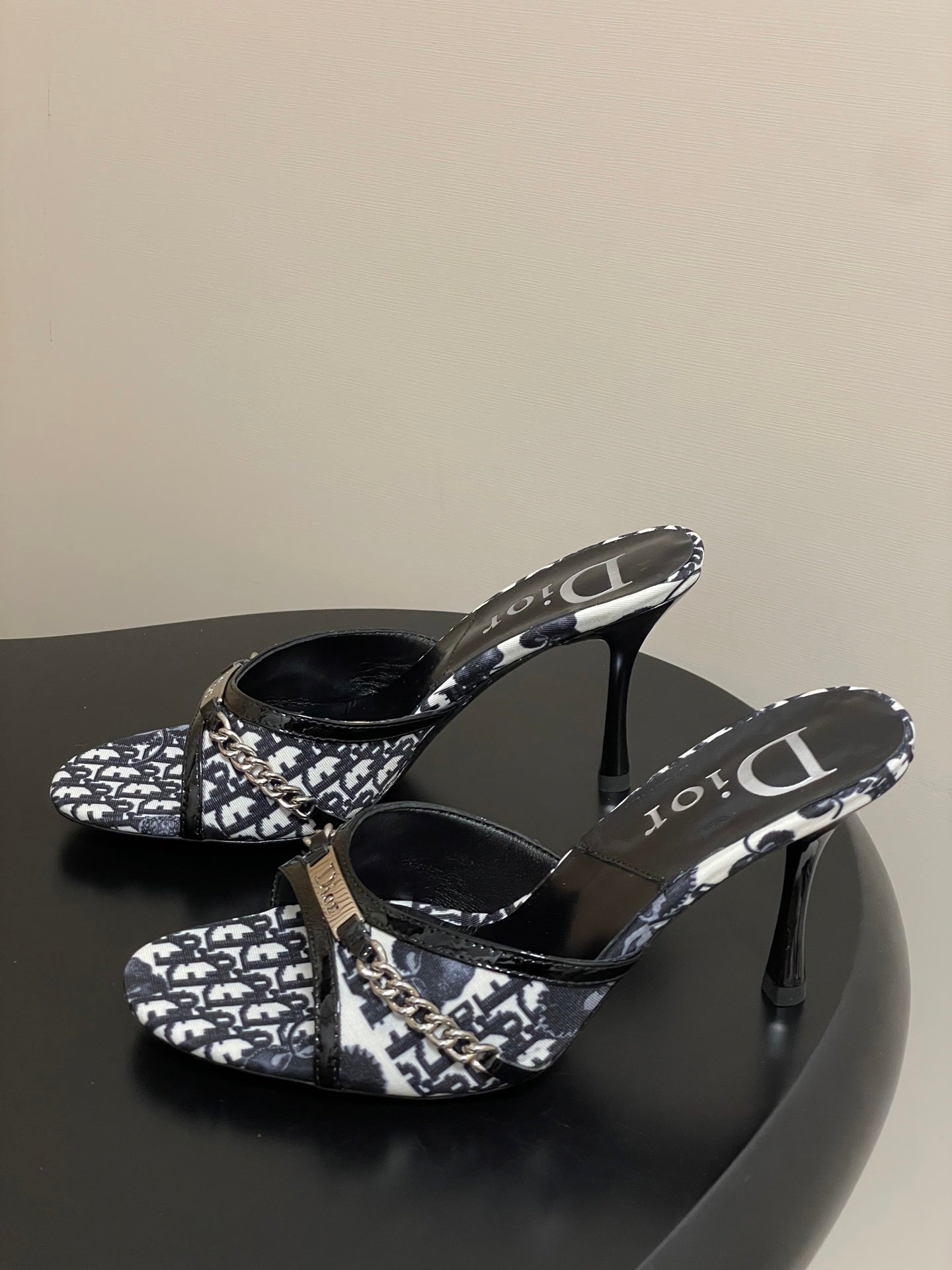 MONOGRAM CHAIN DETAIL MULE HEELS