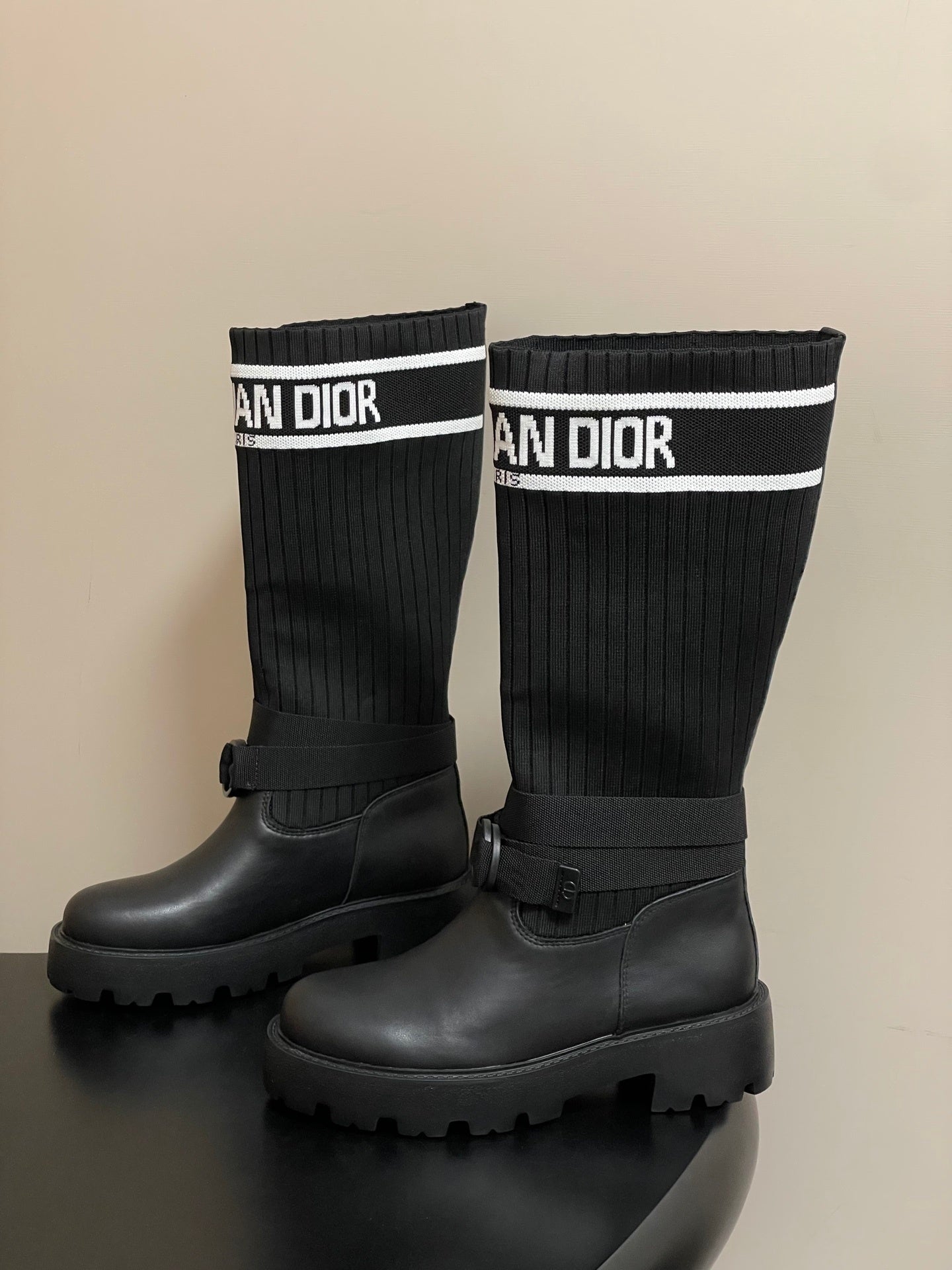 BLACK LEATHER SOCK BOOTS WITH RIBBED KNIT SHAFT AND CHUNKY SOLE