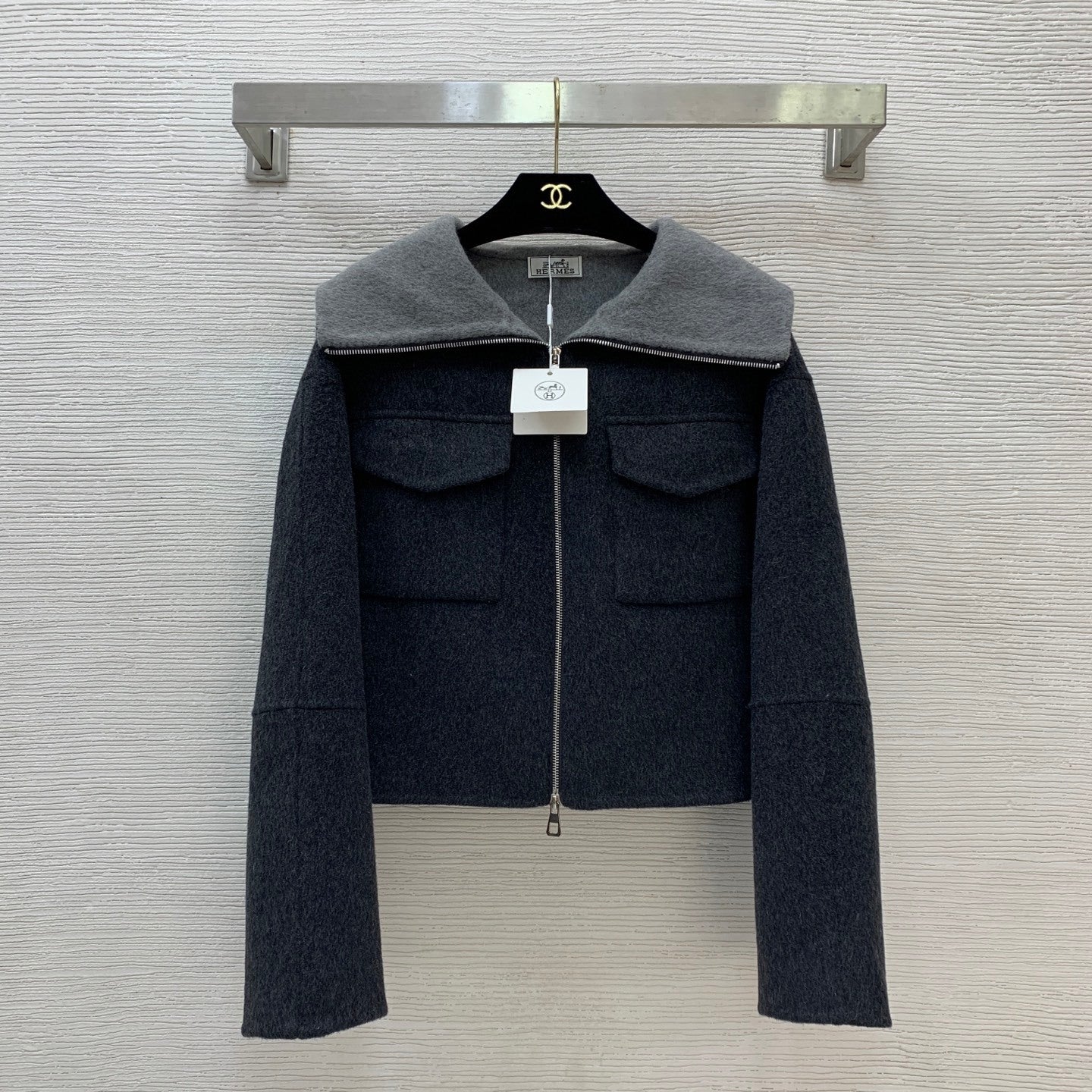 CHARCOAL WOOL-BLEND CROPPED ZIP JACKET