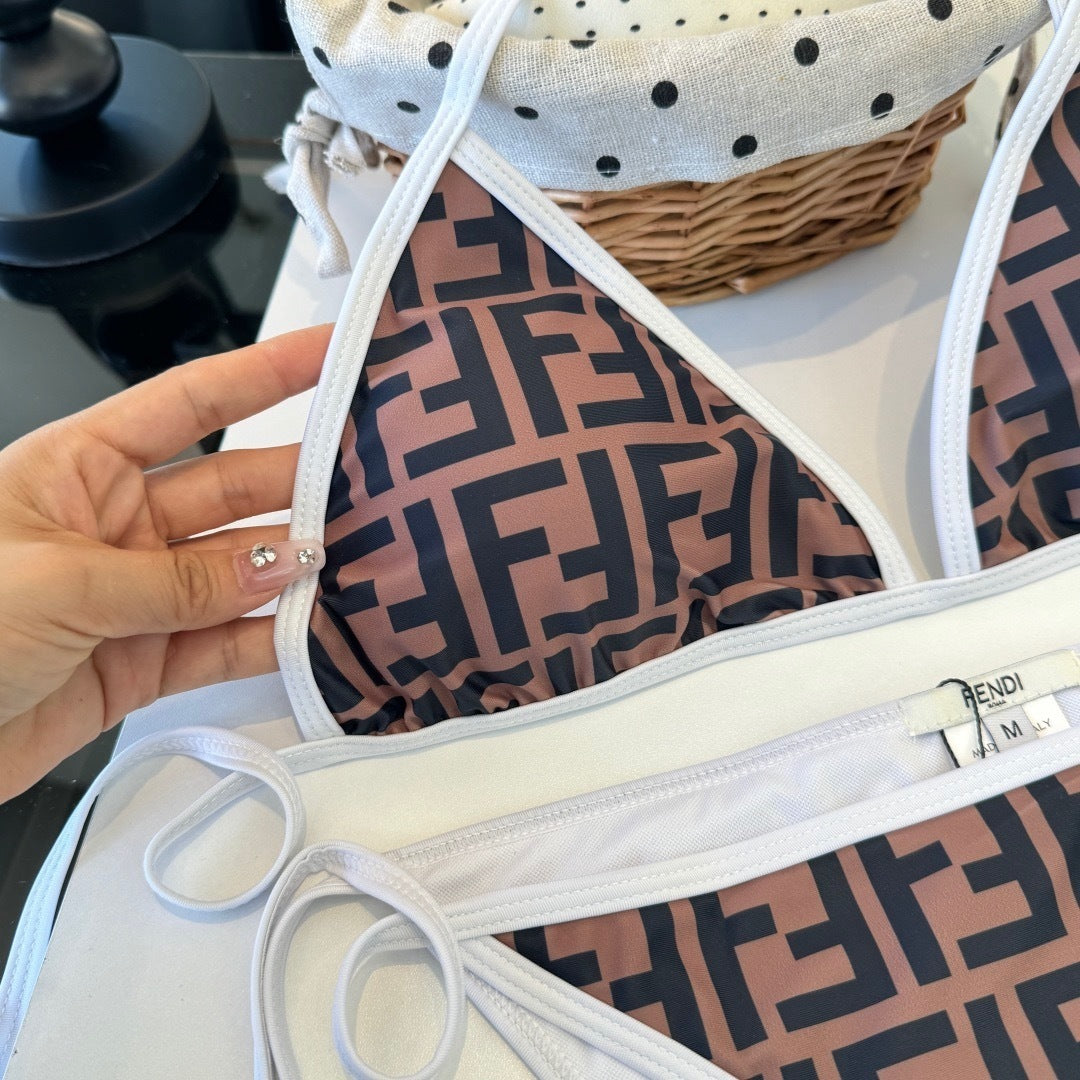 BROWN MONOGRAM TRIANGLE BIKINI SET WITH WHITE TRIM