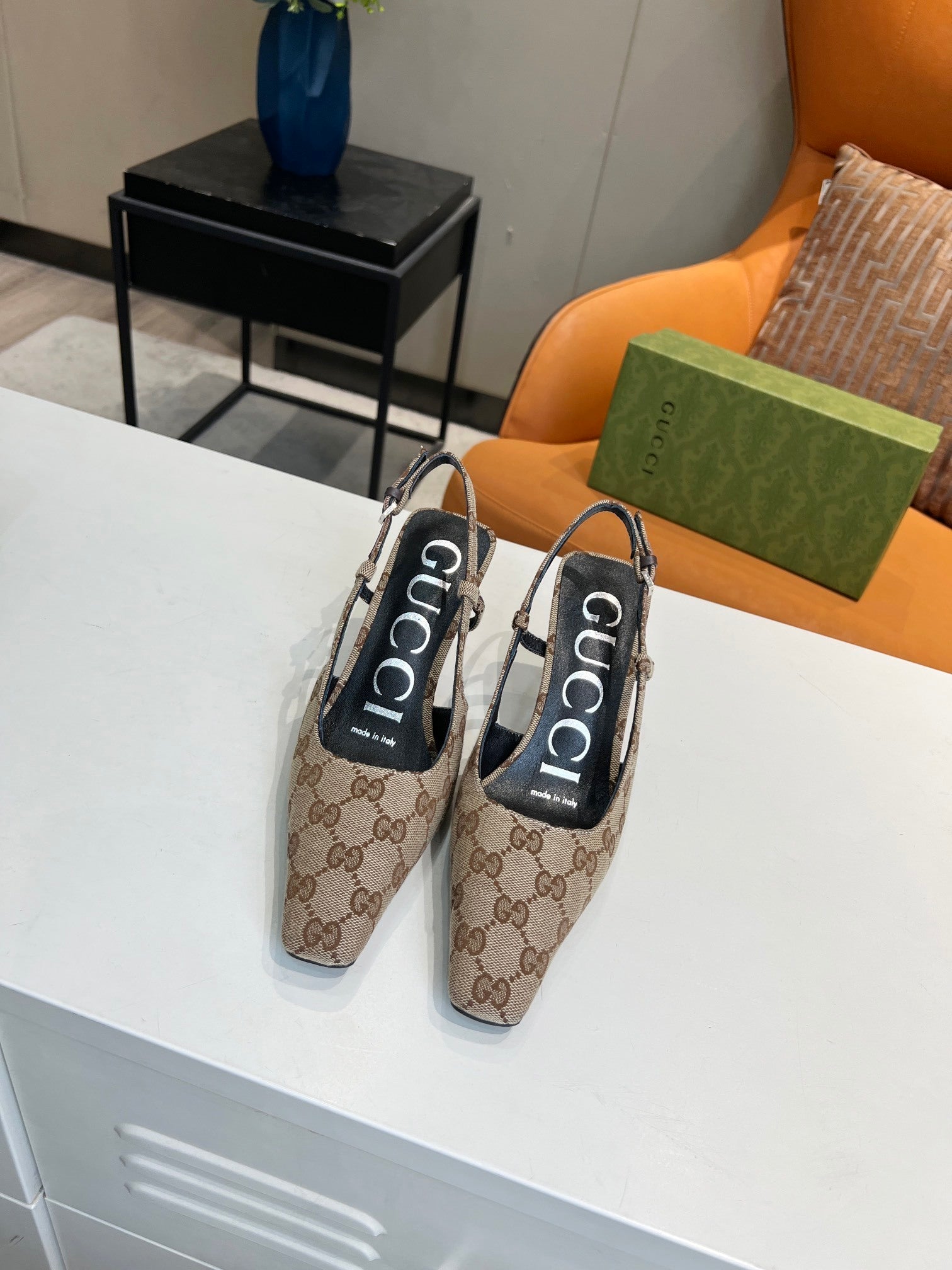 MONOGRAM T-STRAP SLINGBACK HEELS WITH SCULPTED HEEL