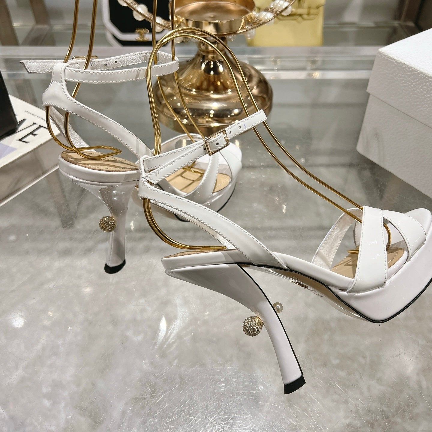 PATENT PLATFORM STRAPPY HEELS – WHITE