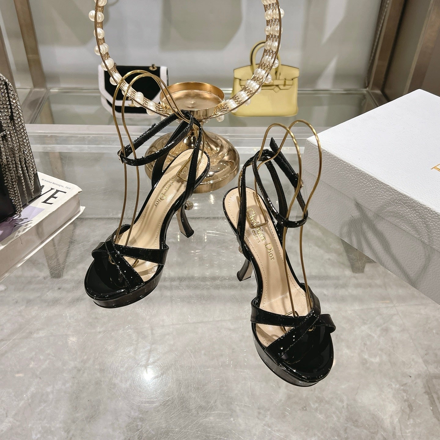 PATENT PLATFORM STRAPPY HEELS – BLACK