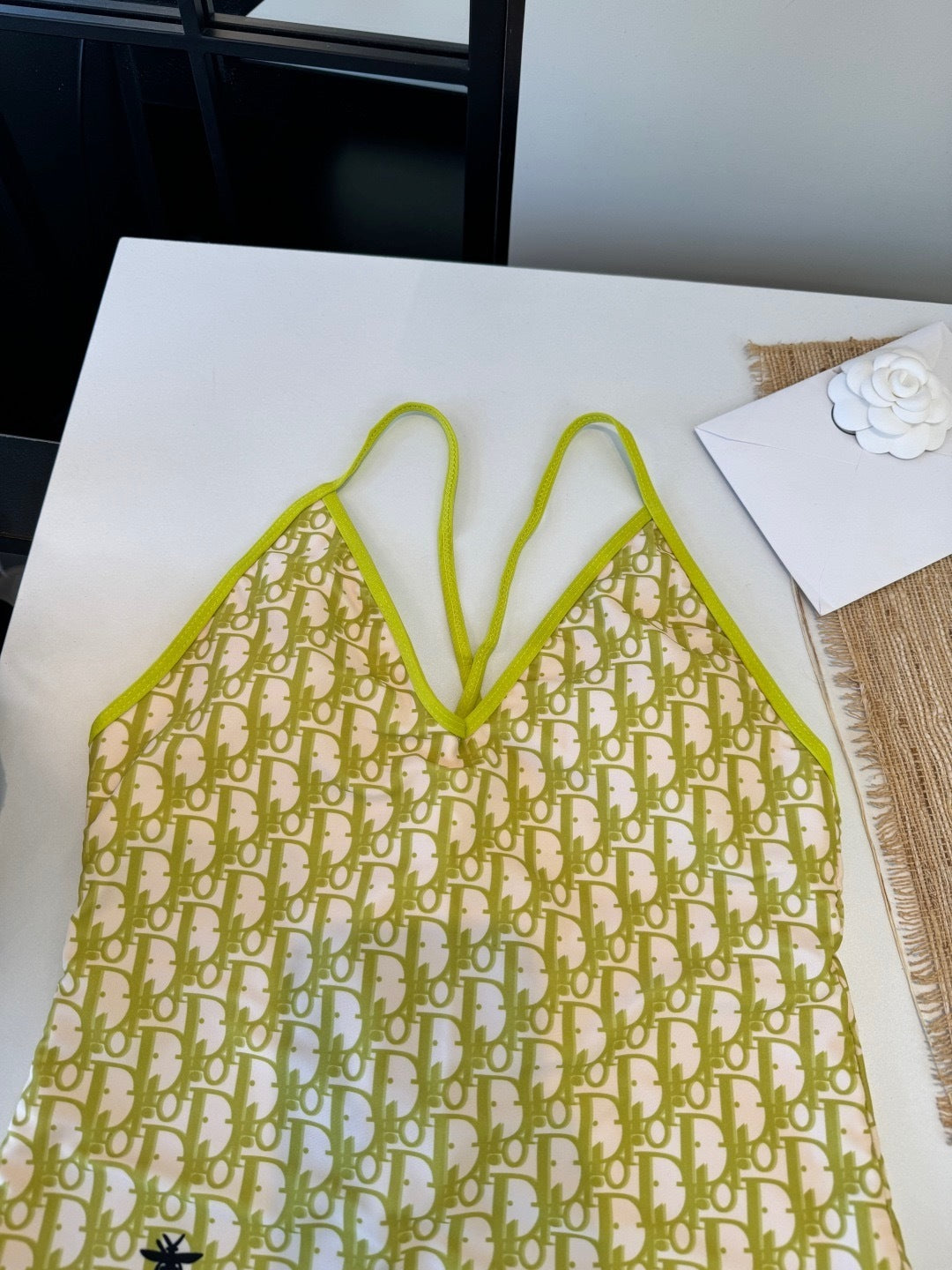 LIME MONOGRAM V-NECK ONE-PIECE SWIMSUIT