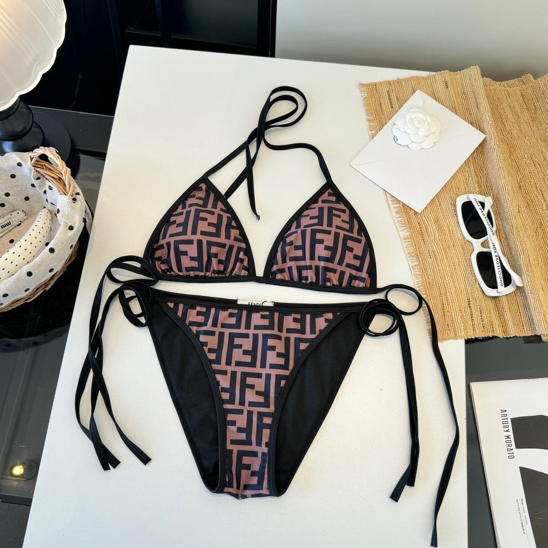 BROWN MONOGRAM TRIANGLE BIKINI SET WITH WHITE TRIM