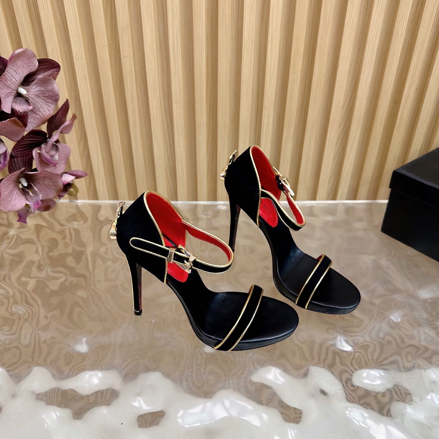 MINIMALIST ANKLE STRAP STILETTO SANDALS – BLACK & GOLD EDITION