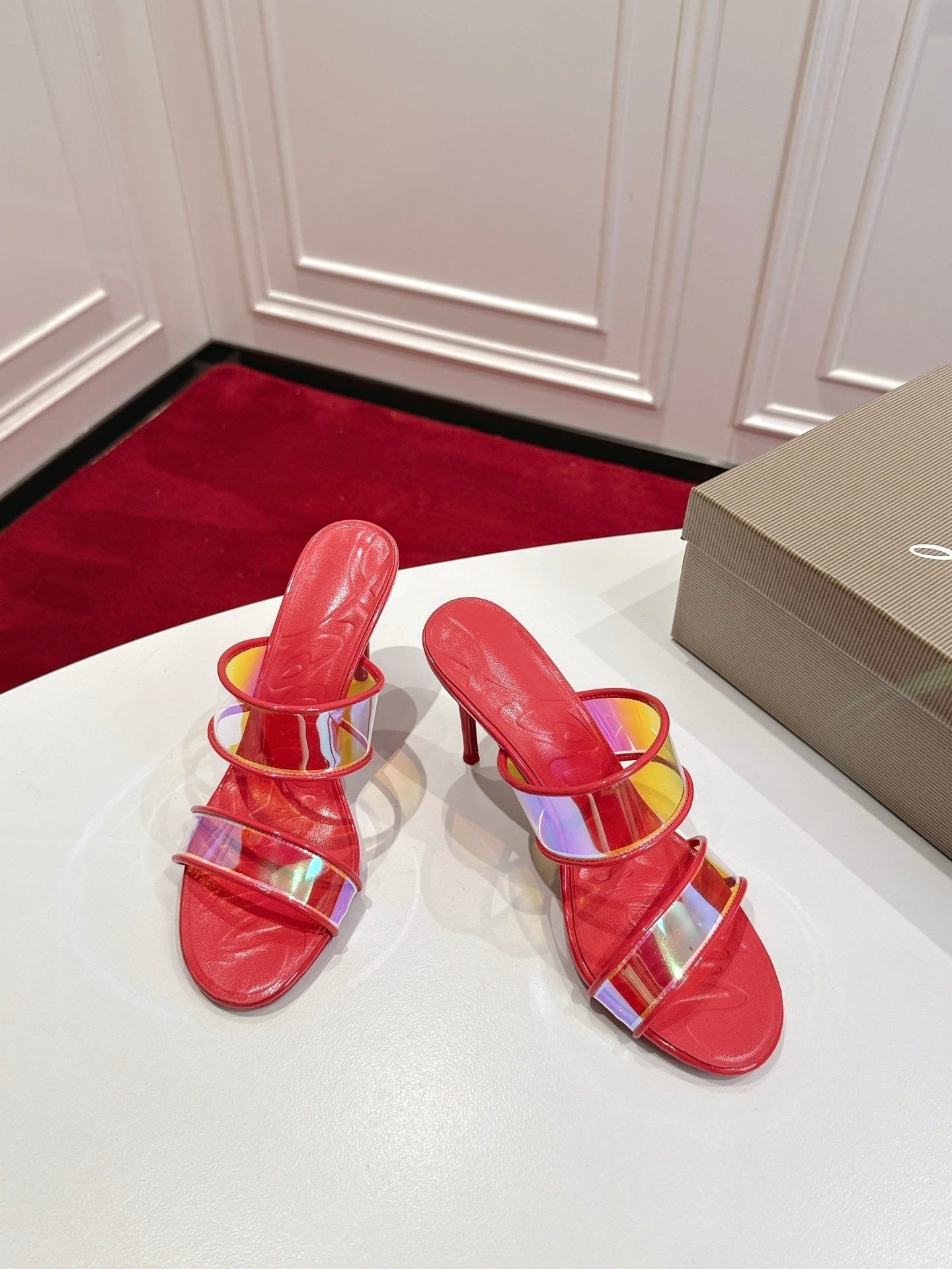RED TRANSPARENT STRAP MULE HEELS