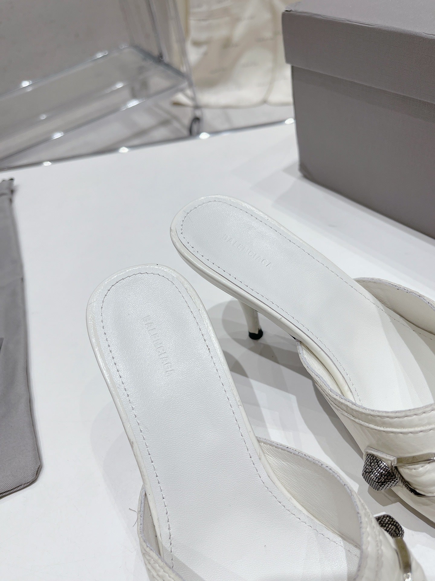 WHITE EMBELLISHED MID HEEL MULE SANDALS