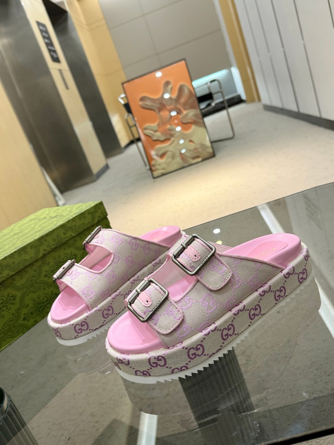 PINK MONOGRAM DOUBLE-STRAP PLATFORM SANDALS