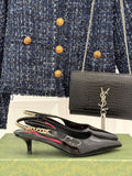 BLACK PATENT CHAIN SLINGBACK HEELS