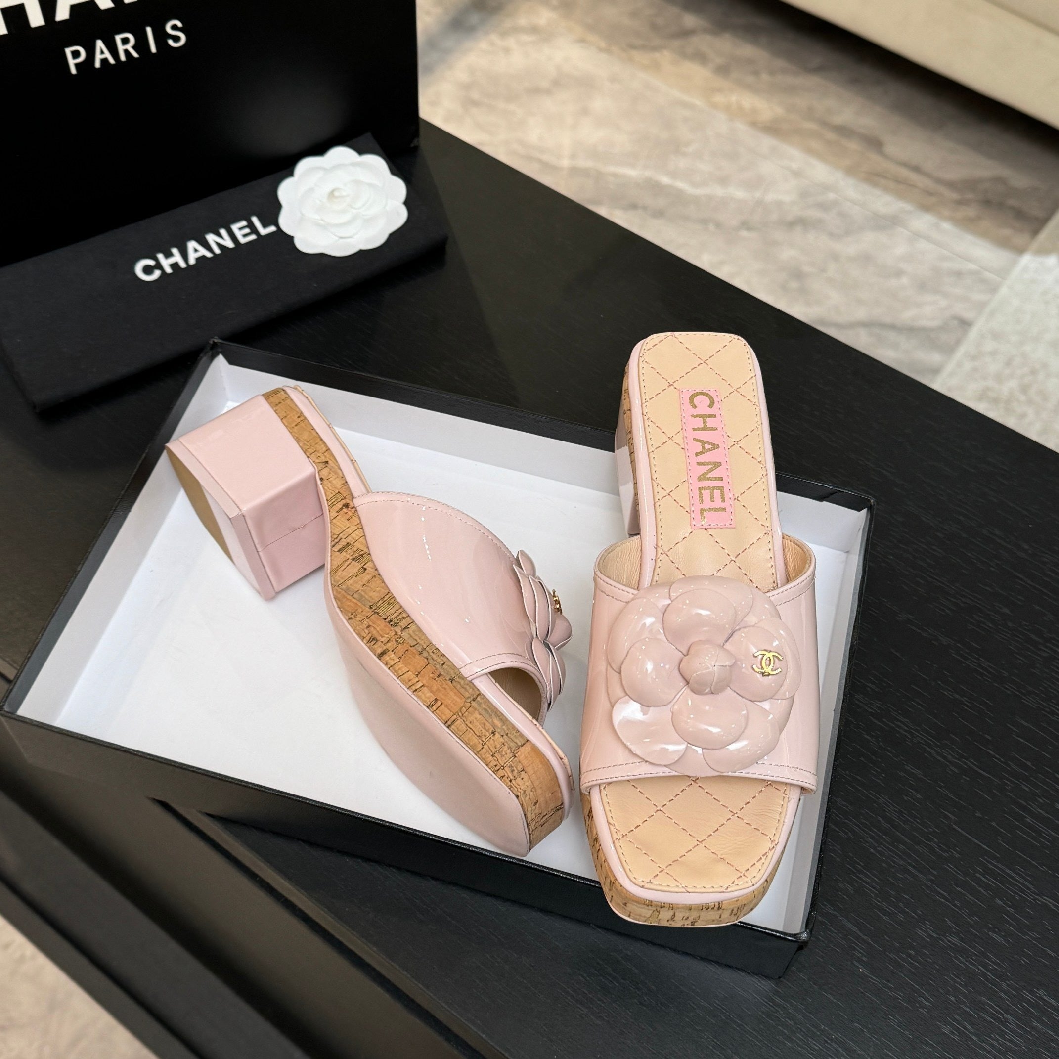 BLUSH QUILTED PLATFORM SLIDE SANDALS WITH CAMELLIA DETAIL