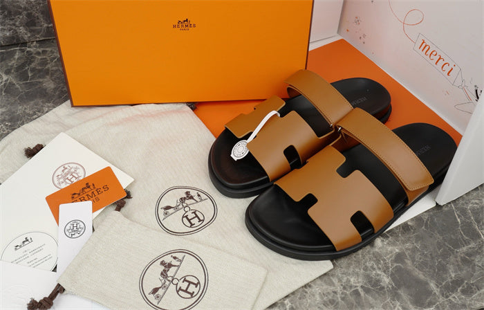 TAN DOUBLE-STRAP H-CUT SLIDE SANDALS