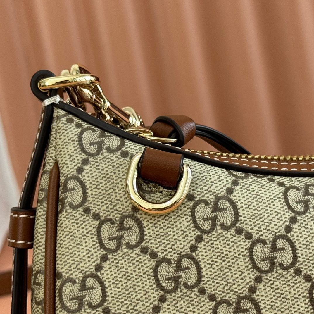 BEIGE MONOGRAM CANVAS SHOULDER BAG WITH GOLD CHAIN DETAIL