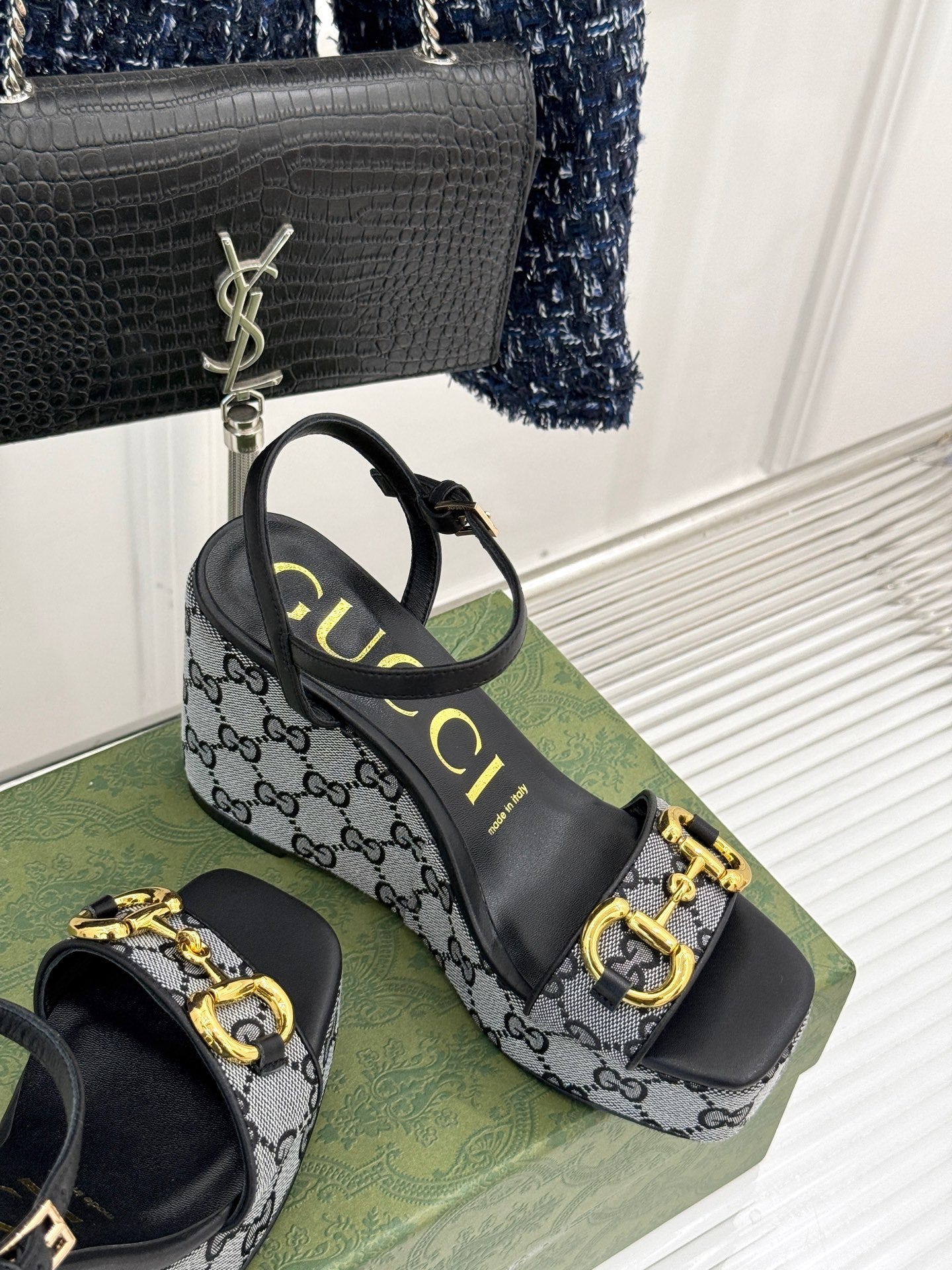 BLACK MONOGRAM PLATFORM WEDGE SANDALS
