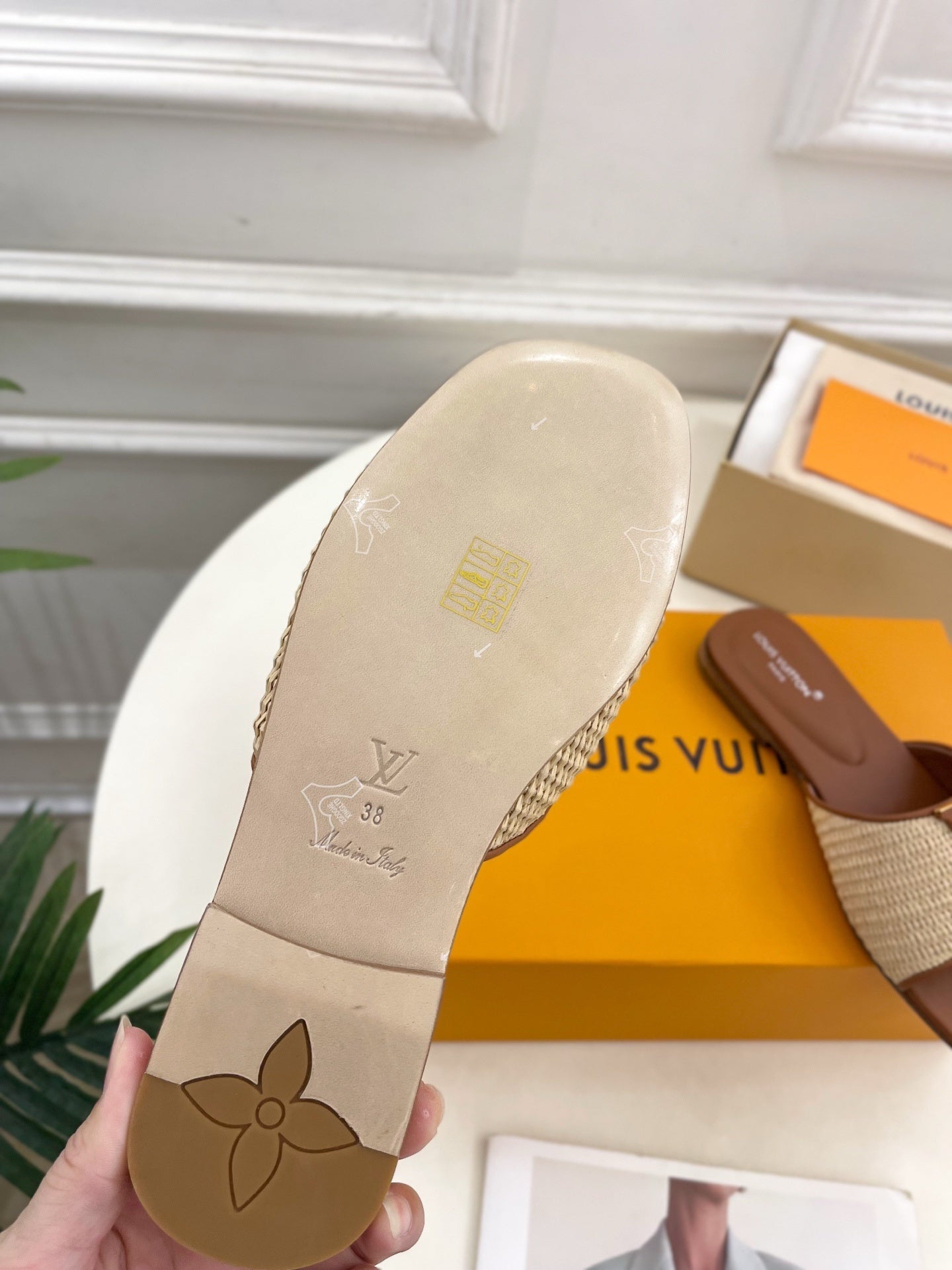 WOVEN STRAP MONOGRAM DETAIL SLIDE SANDALS
