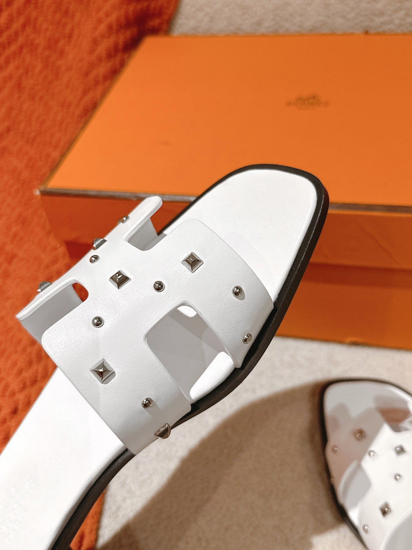 WHITE STUDDED LEATHER SLIDE SANDALS