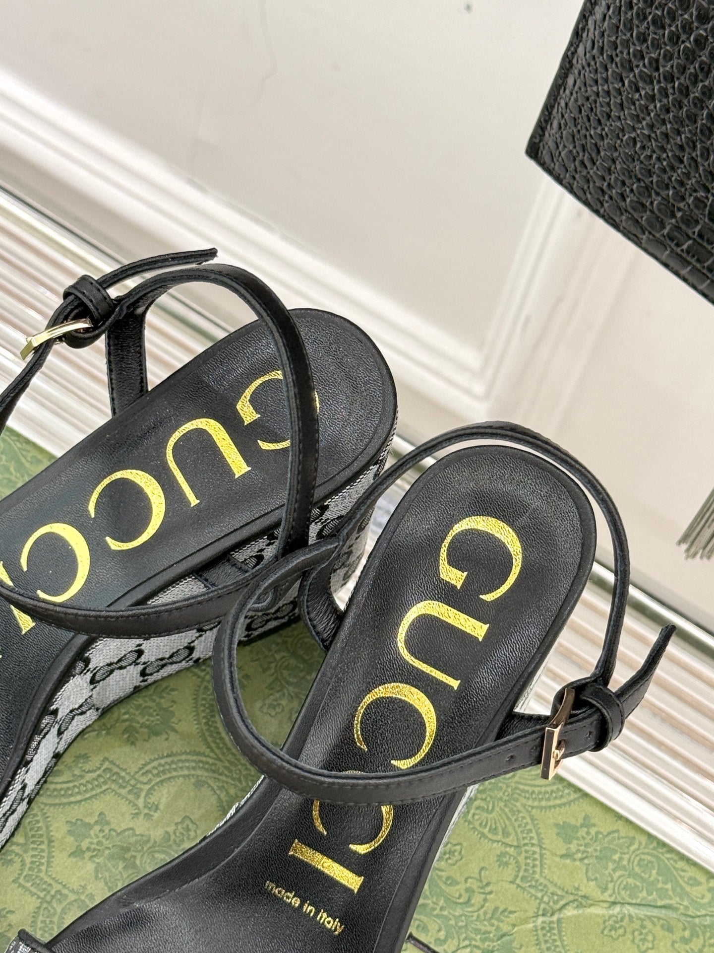 BLACK MONOGRAM PLATFORM WEDGE SANDALS