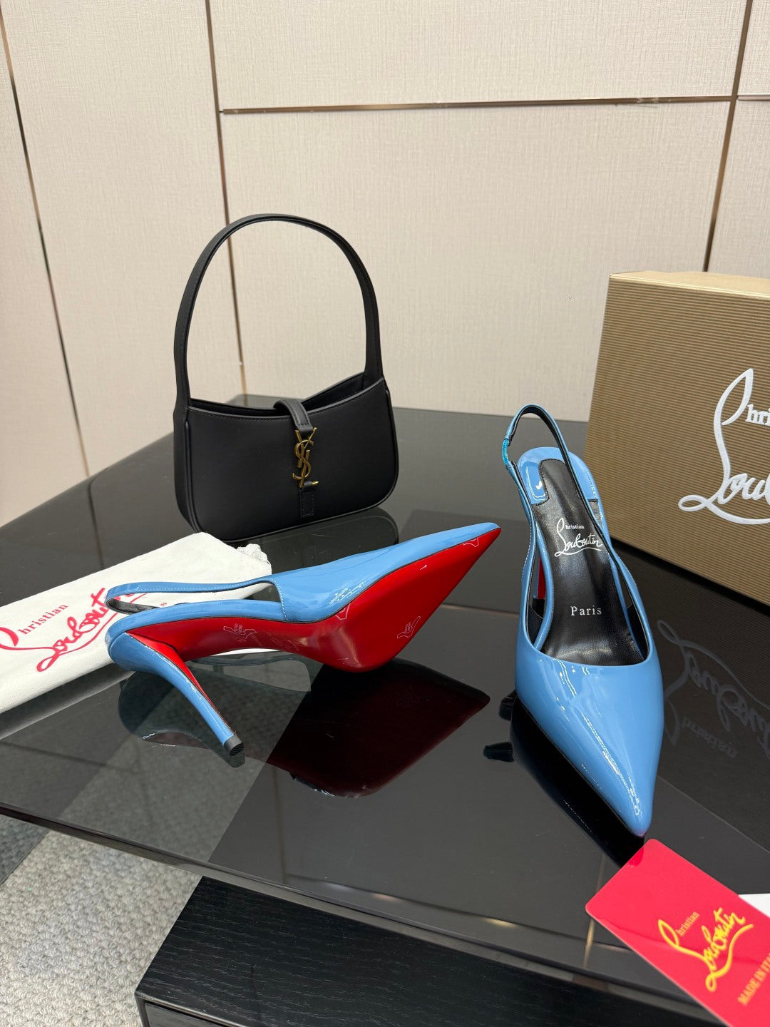 BLUE PATENT SLINGBACK POINTED HEELS