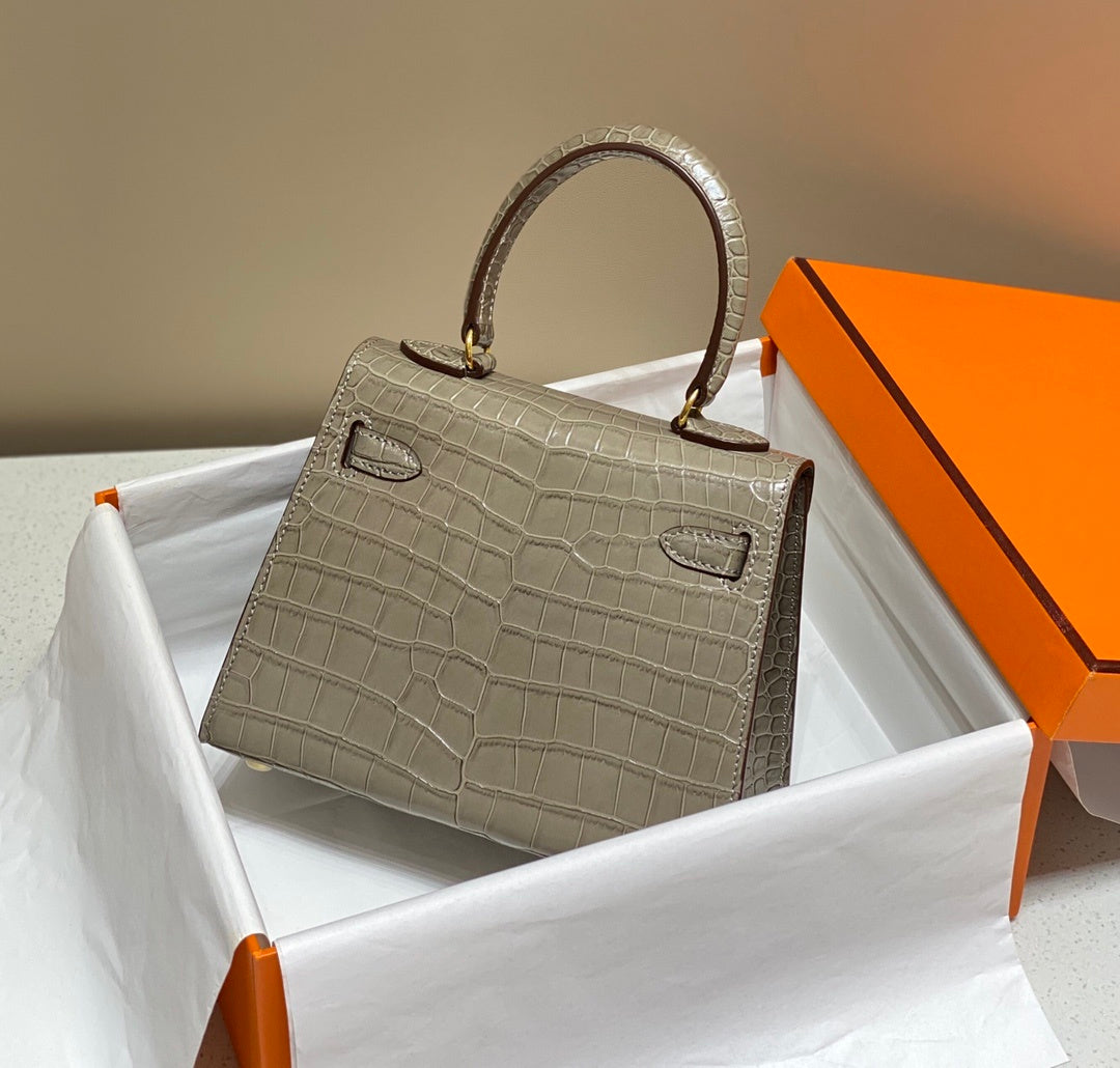 LUXURY TAUPE CROCODILE EMBOSSED MINI TOP HANDLE HANDBAG WITH GOLD HARDWARE