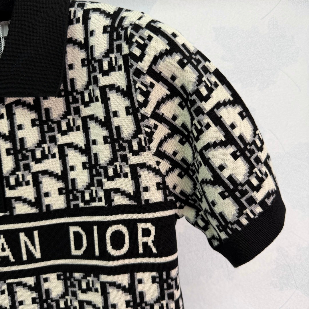 BLACK & WHITE MONOGRAM KNIT POLO TOP