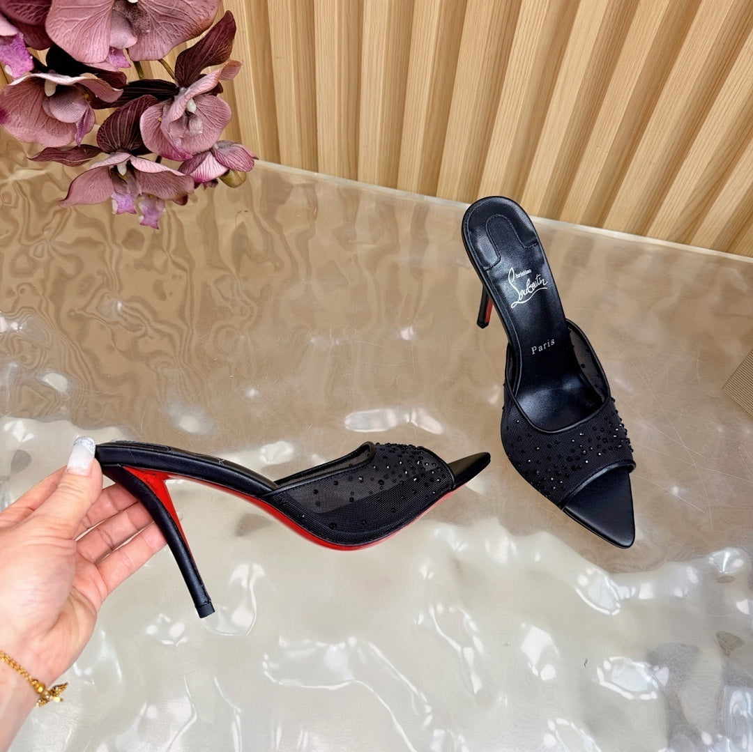 BLACK RHINESTONE MULE HEELS
