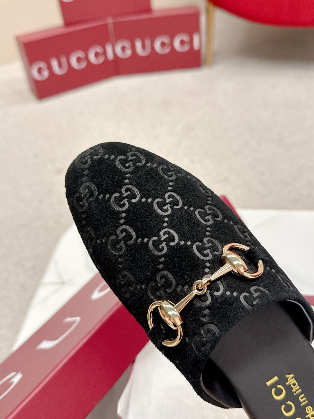 BLACK MONOGRAM VELVET HORSEBIT MULES